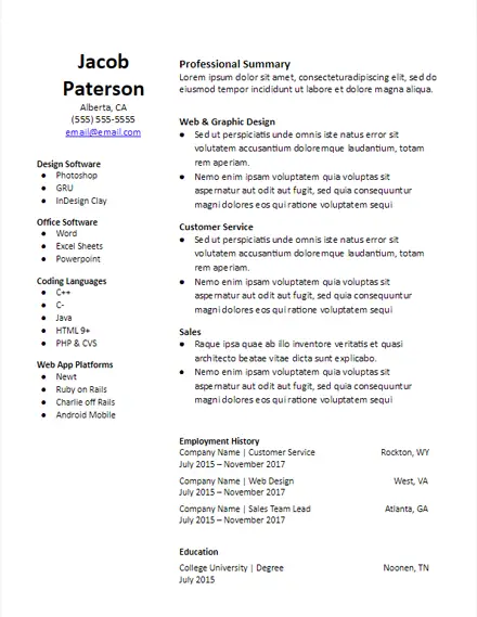 resume template with skills on the side