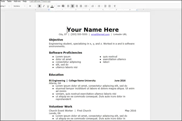 creating a resume in google docs