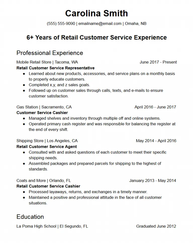 resume for customer service retail